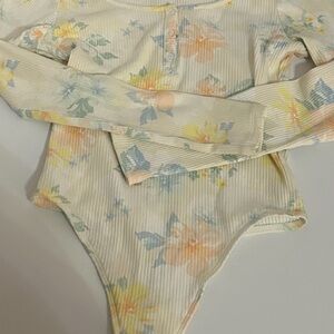 PINK Victoria's Secret Cream and Yellow Bodysuit with Floral Print